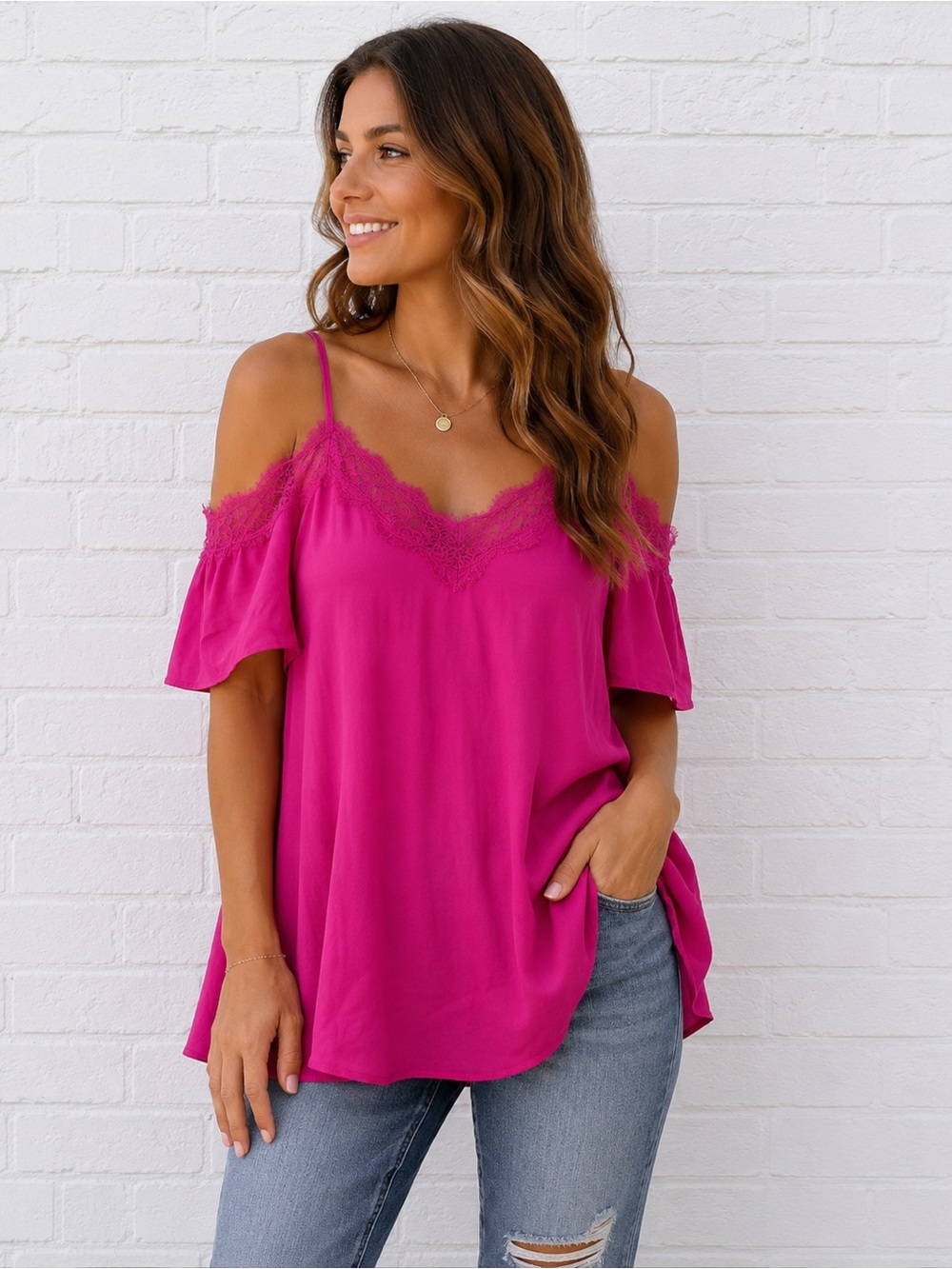 Davi & Dani Fuchsia Lace Trim Cold Shoulder Blouse Flowy Top S